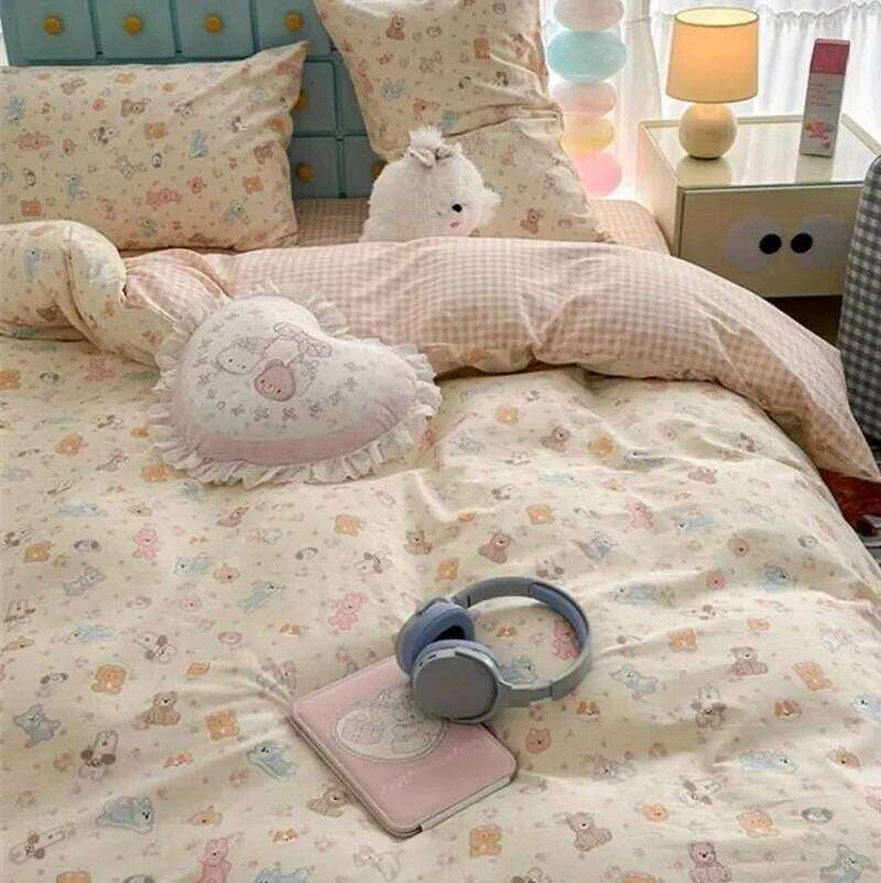 Cute Cartoon Bedding Set New No Filler Ins Soft Duvet Flat Sheet Pillowcases Twin Queen Size Girls Boys Comforter Cover H260311