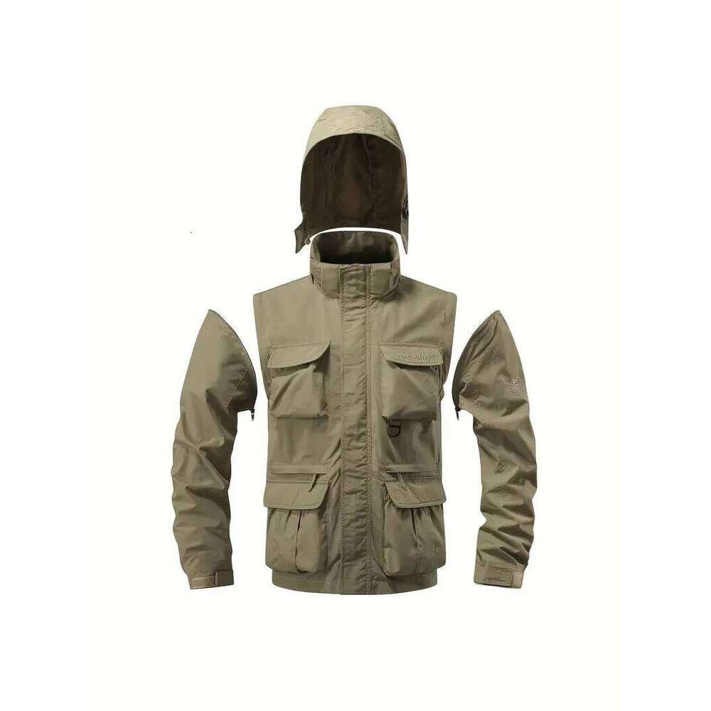Detachable windproof sleeved hooded suitable for outdoor activities men's casual waterproof multi pocket jacket vest 26H0311