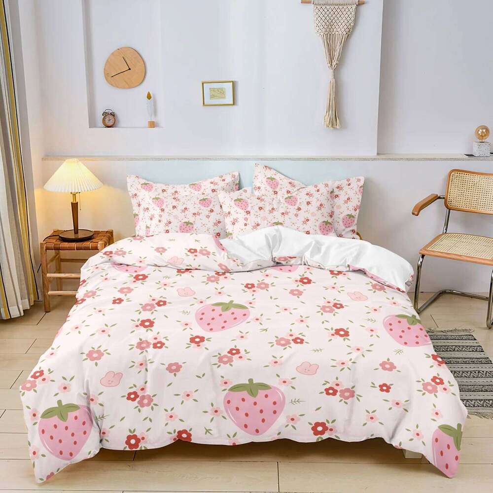 3pcs Cartoon Cute Pink White Heart Strawberry Duvet Cover Set - Sweet Floral Fruit Design For Girls Festival Birthday Gifts H260311