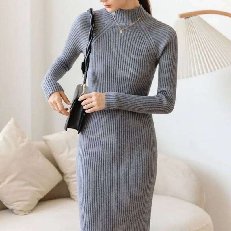 Autumn Winter Half High Collar Dress Sweater Knitted Skirt Women Midi Korean Over the Knee Slim Solid All-match Bodycon Dresses Z260311