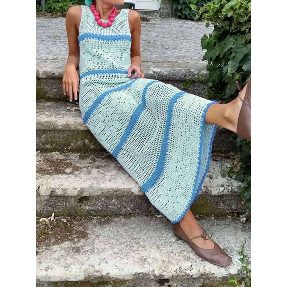 Casual Hollow Knitted For Women Fashion O-neck Sleeveless Contrasting Striped A-line Long Dress Spring Summer New Style Z260311
