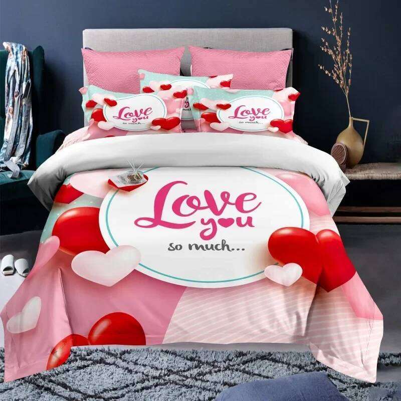 Valentine's Day Duvet Red Rose I Love You Pattern King Size Couple Polyester Bedding Set Happy Romantic Quilt Cover H260311