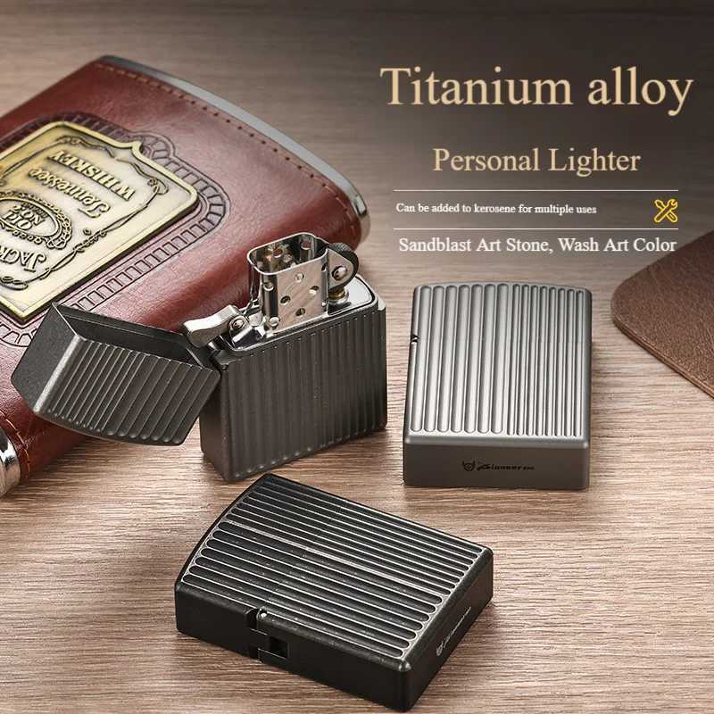 Heavy Armor Full Titanium Fuel Lighter Thickened Oil Windproof Pocket Lighter Vintage Style Mens Cigarette Lighter N260311