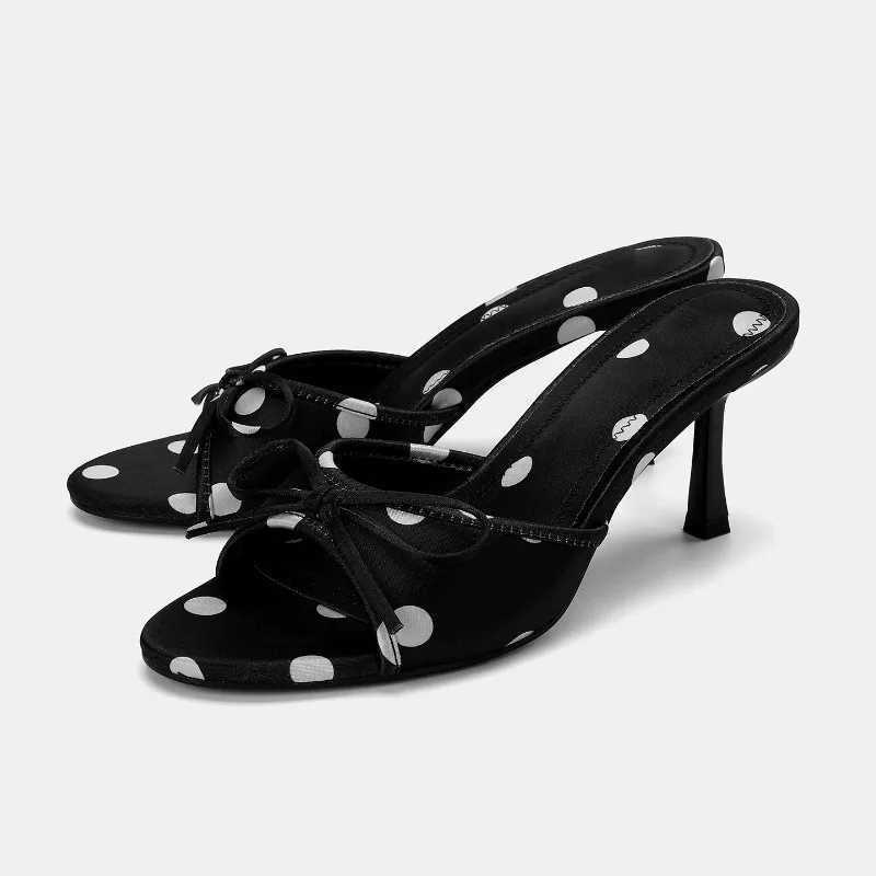 Black Polka Dot Design Summer Women High Heels Sandals Bow Decoration Open Toe Chic Party Stiletto Plus Size Ladies Mules Shoes K260311