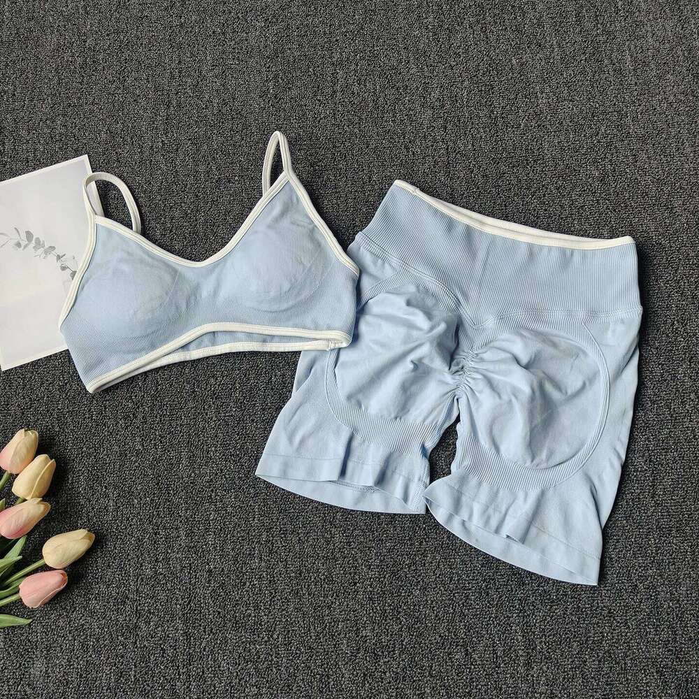 Peach Buttock Yoga Suit Women Gym Seamless Suspender Gathering Bra High Waist Hip Lifting Belly Tightening Shorts Fitness Set 26H0311