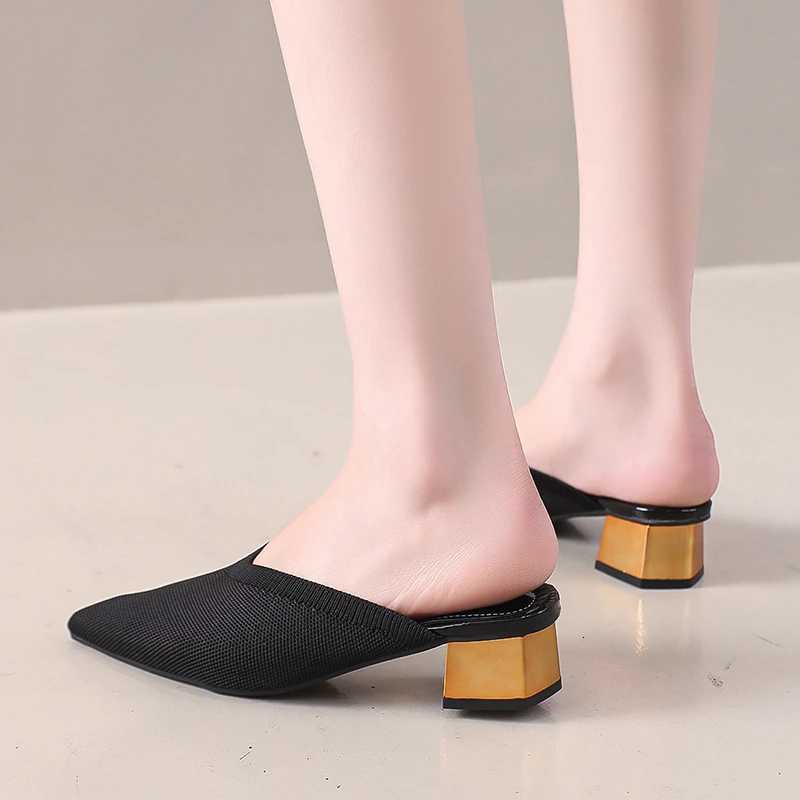 2025Summer Womens Knitted Slider Mule New Elegant Mesh Breathable Shoe Slipper Closed Toe Slider Shoes Splice Solid Color K260311