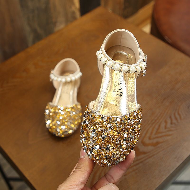 Girl Princess Shoes Sequins Pearl Silver Gold Pink Summer Spring Girls Sandals Cover Toe Toddler Fashion Party Dance Kidsnest Kids Flat Shoes Sizes US
