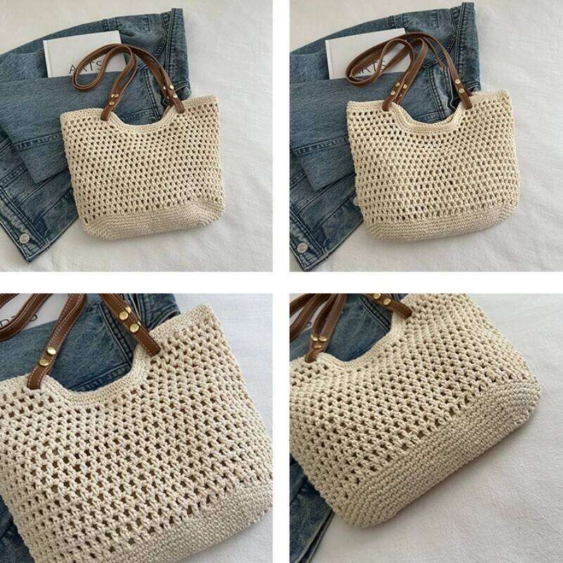Large Capacity Knit Shoulder Bags for Women Versatile Ladies Beach Woven Underarm Bag Hollow Design Commuter Female Handbag Tote XJ260311