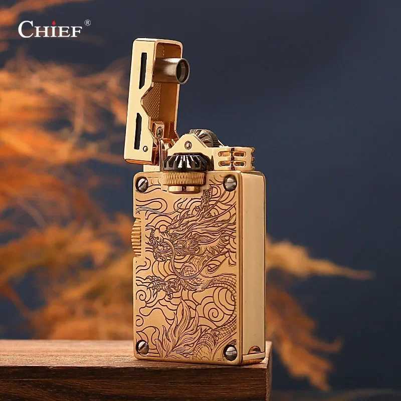 CHIEF High-end Luxury Retro Kerosene Lighter Windproof Side Sliding Wheel Exquisite Tangcao Line High-end Men N260311