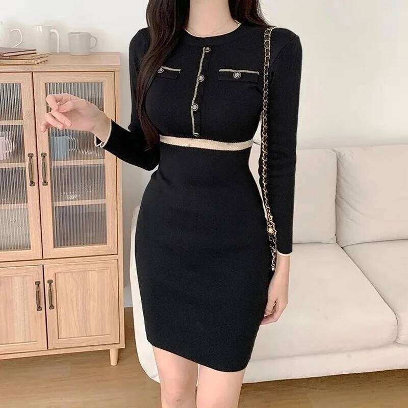 YuooMuoo Chic Fashion Sexy Package Hips Knitted 2025 Autumn Winter Slim Waist Bodycon Sweater Dress Office Lady Vestidos Z260311