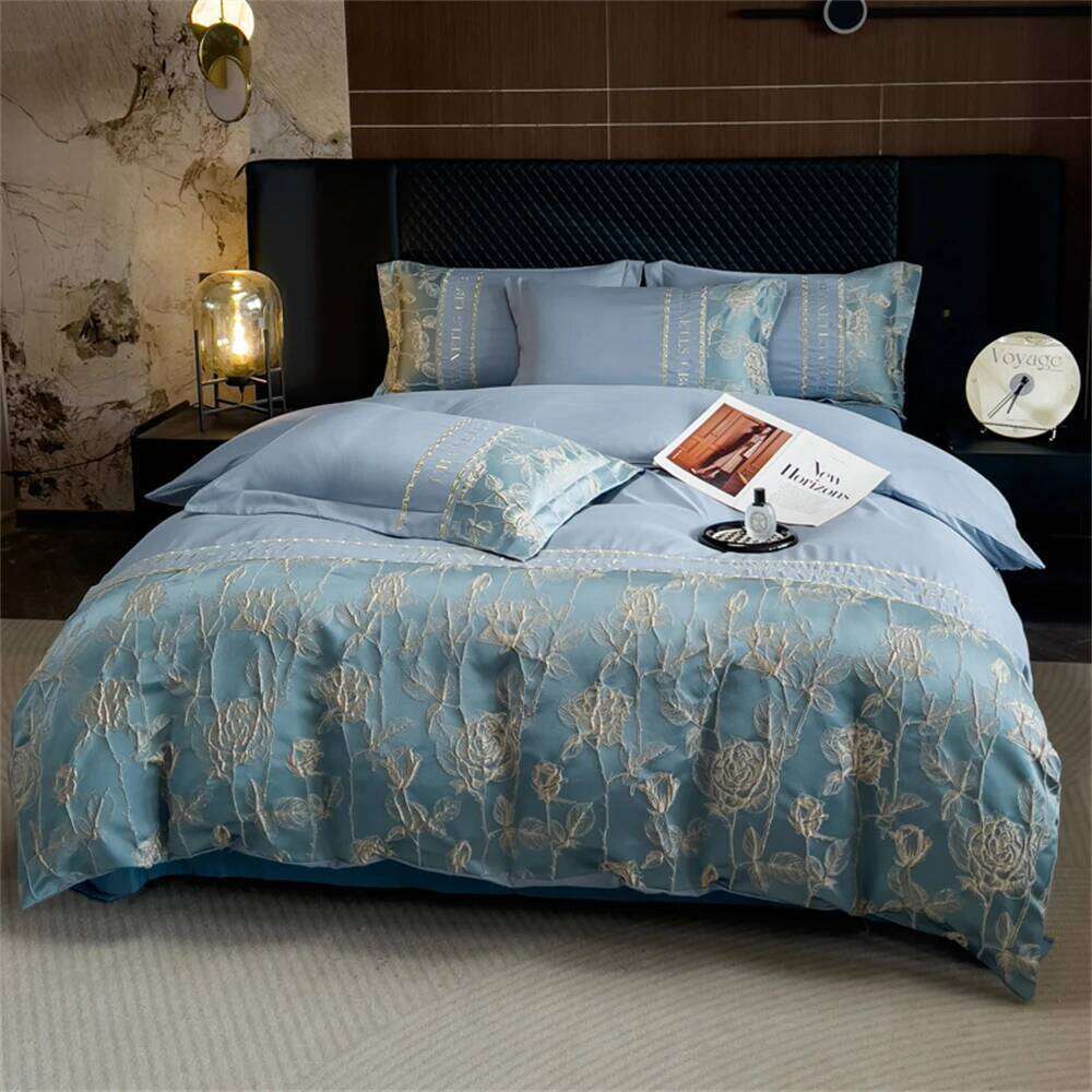 Embroidery Bedding Satin Jacquard Soft Comforter Four Piece Bed Linen Pillowcase Duvet Cover Set Queen King Home Textile H260311