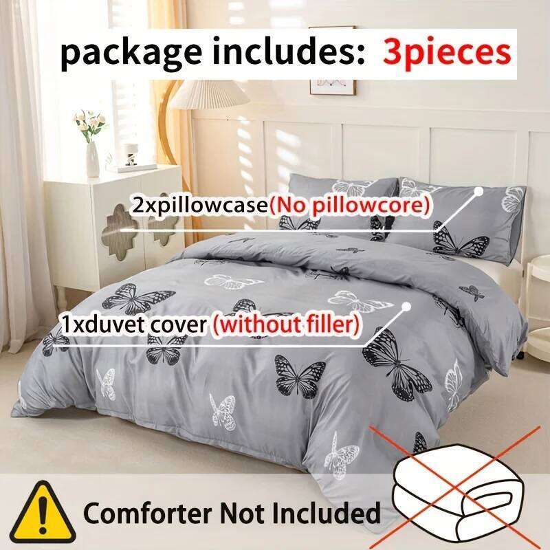 3pcs Butterfly Print Set, Soft Skin-Friendly Bedding Set Includes 1 Duvet Cover And 2 Pillowcases H260311