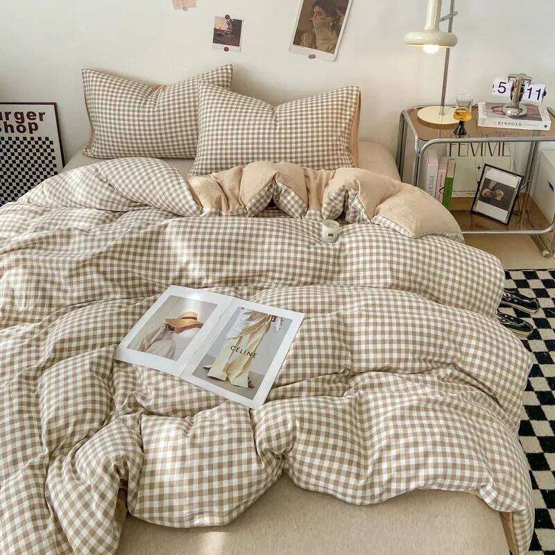 Japanese Style Check Queen Duvet 1/3 Pcs Soft Washed and Pillowcase or Only Quilt Covers Blanket Cover Set H260311