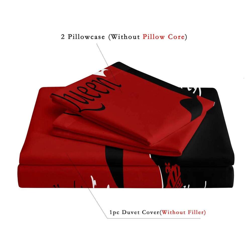 Dark Red And Black Three-Piece Bedding Set with Queen & King Size Featuring Printed English Letters on The Duvet Cover H260311