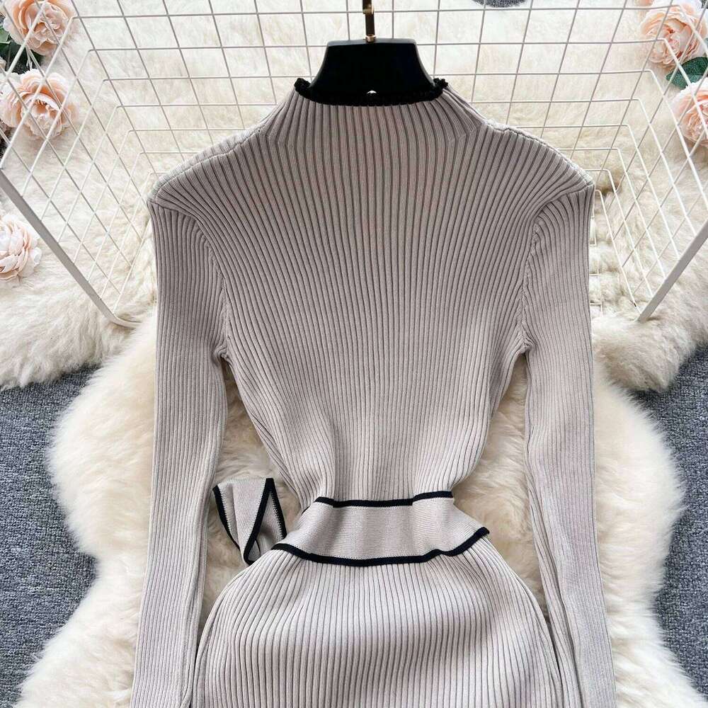 Elegant Contrast Ribbed Knitted Bodycon Long Dress Women Autumn Winter With Belt Bandage Streetwear Stretch Lady Dresses Z260311