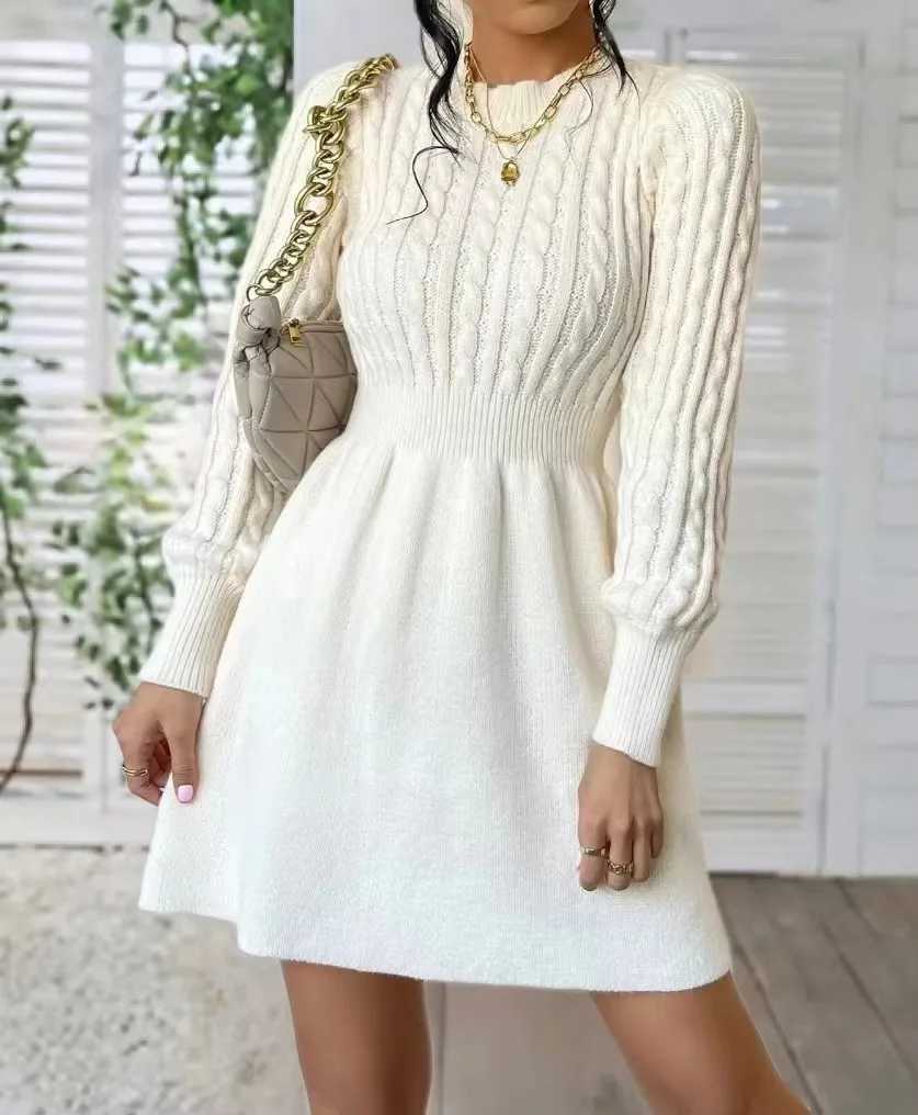 Solid Cable Knit Sweater Dress Casual Crew Neck Long Sleeve Dress Womens Clothing M260311