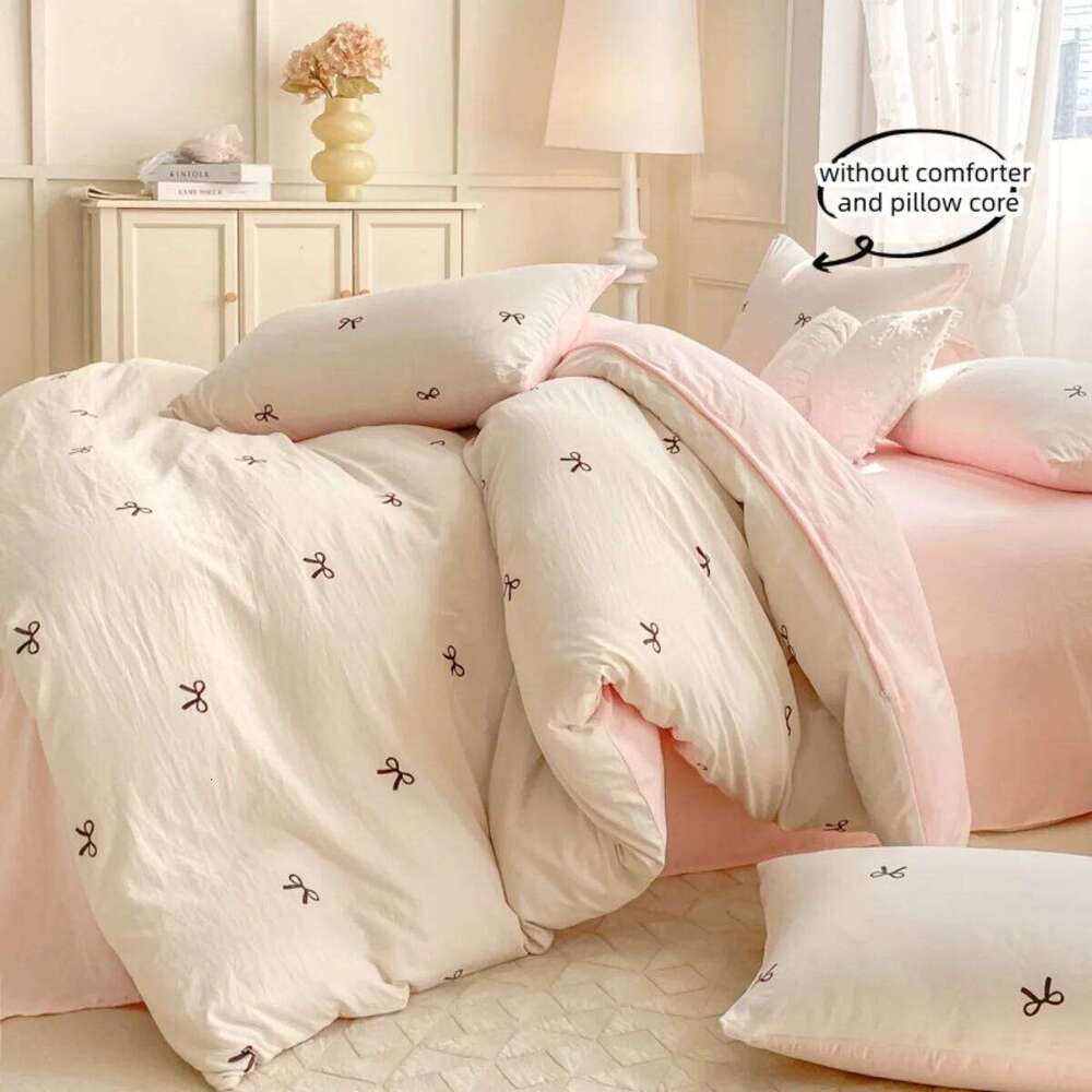 3-Piece Sheet Pink Bowknot Embroidery Duvet Cover Set, Comfortable Bedding Set Bedspread for All Seasons H260311