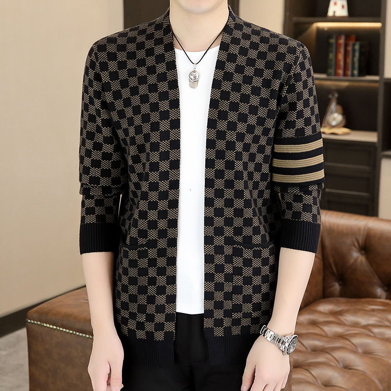 2026 Men's Fashion Sweater Men's Youth Men's Casual Knitted Cardigan Checkered Jacquard Coat Personalized Design Pattern Warm Sports Lu
