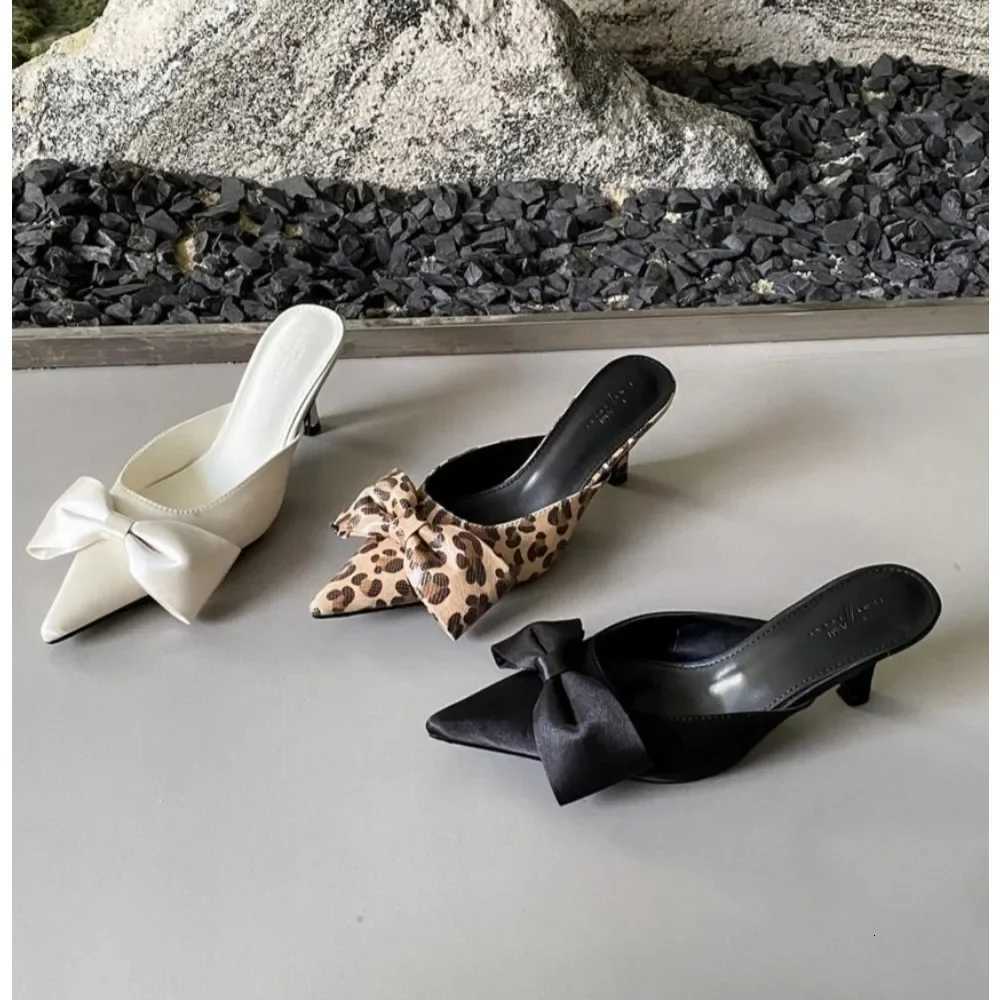 New Bowtie Mule Shoes Slides Women Pointed Toe Stripe Wave Slip-on Sandals Ladies Satin Silk Outdoor Flat K260311