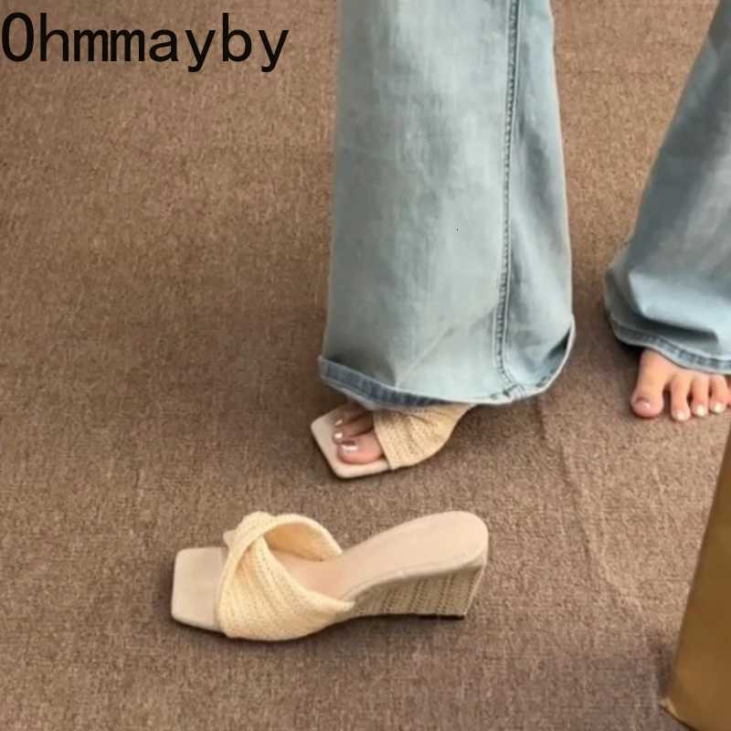 Designer Weave Height Increase Women Slippers Ladies Elegant Wedges Heel Dress Slides 2026 New Summer Open Toe Womens Shoes K260311