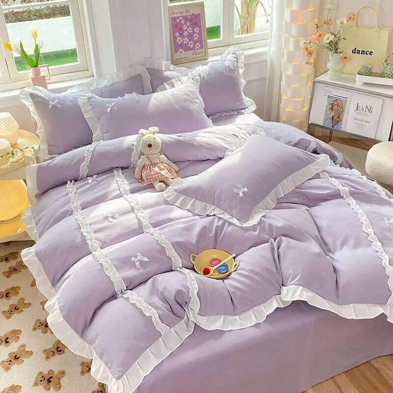 Kawaii Korean Bedding Sets No Filling Ins Princess Style Lace Bow Duvet Cover Fitted Sheet Girl Woman Home Bedroom Bed Linens H260311