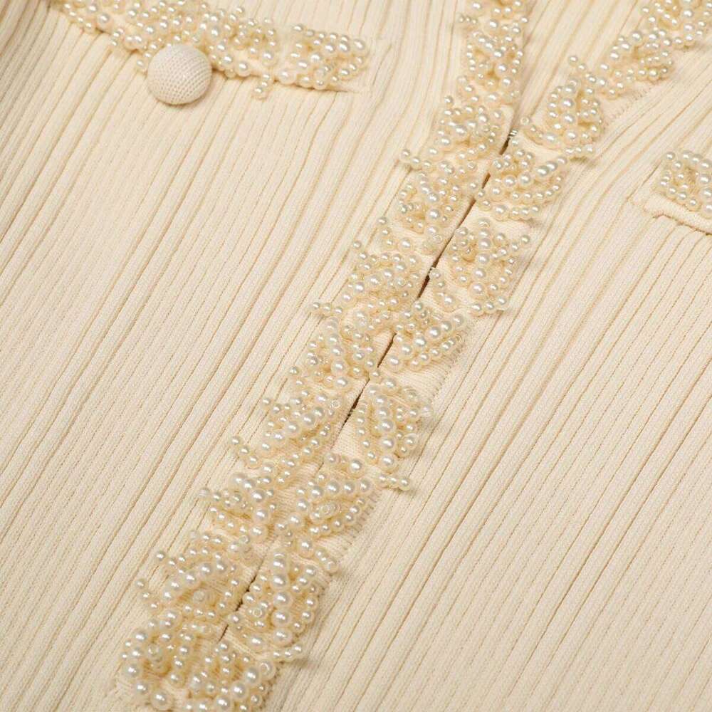 Three Color High-Quality New Fashionable Elastic Knitted V-Neck Slim Fit Handmade Nail Bead Luxurious Long Sleeved Women's Dress
