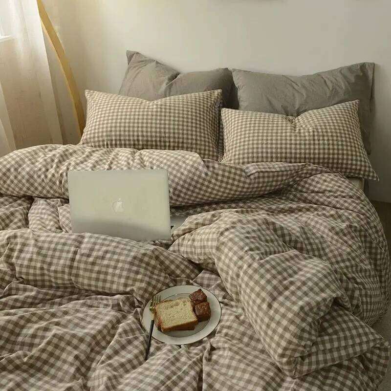Simple Bedding Set Plaid Sold Color Single Queen Size Duvet Cover No Filling Boys Girls Flat Sheet Pillowcase Kit H260311 - view 5