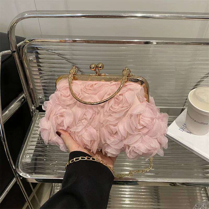Chiffon Rose Flower Shoulder Evening Bags for Women Luxury Ladies Chain Crossbody Bag Solid Color Female Clutch Handbags Purse XJ260311