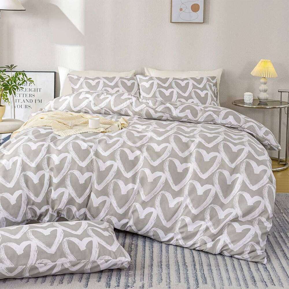 3pcs/set Heart Print - Blue Gray1 & 2 PillowcaseSoft And Skin-Friendly Duvet Cover Bedding Set H260311