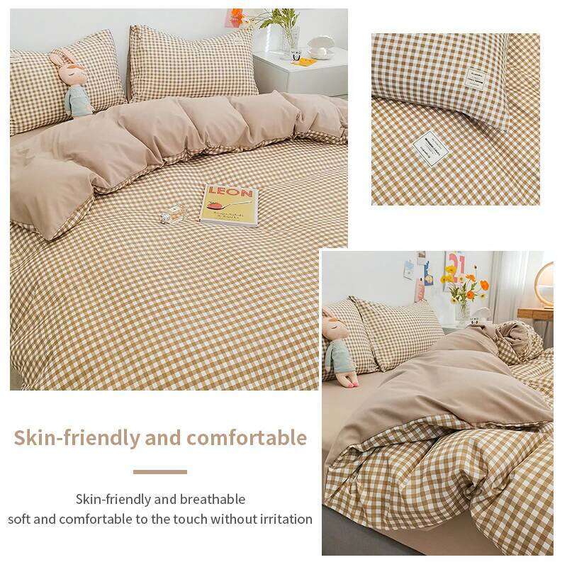100% Cotton Cover Set,Bedding Set With Plaid Stripe,Skin Friendly Breathable,1 Duvet Cover,2 Pillowcase,Japan Simple Style H260311