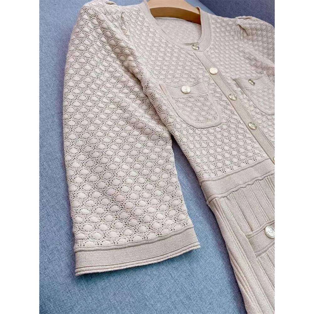Spring Summer New Fashion Temperament Knitted Dress Women Elegant Hollow Out O-Neck Single Breasted Long Robe Ladies Mdng260311