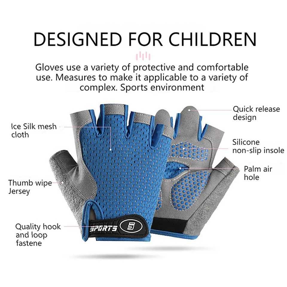 LOODEEL Childrens Gloves Half-finger Anti-slip FitnESS Hand PROtection Thin Balancing Blue Gray Riding Sports For Boy Girl M260311