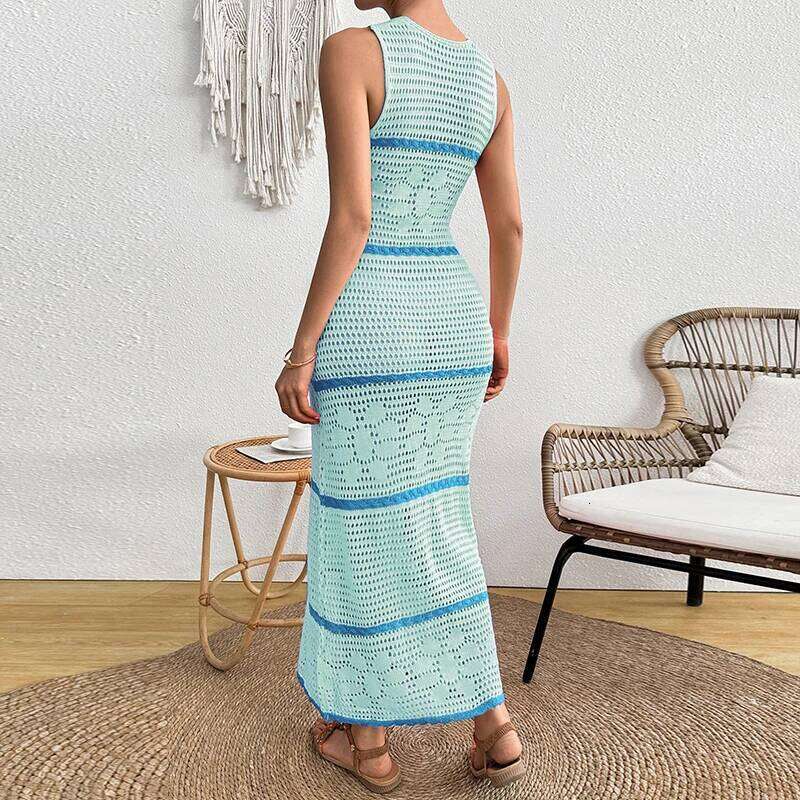 Vestidos Sexy Crochet Hook Knitted Woman O-Neck Striped Print Hollow Long 2025 Summer Sleeveless Holiday Beach Dress Z260311