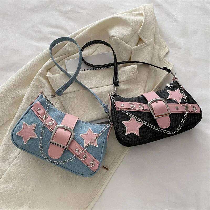 Retro Star Handbag Portable Denim Shoulder Chain Armpit Bag Y2k Rivet Women'S Purse For Fashion Events Daily Use Girls XJ260311