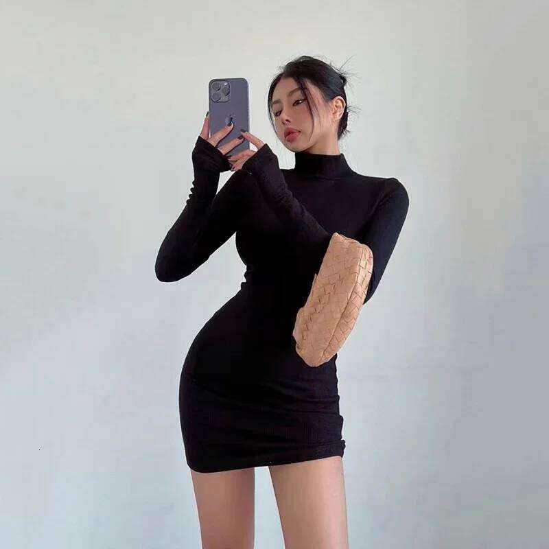 Black Half Turtleneck Mini Women Y2K Long Sleeve Sexy Slim Hip Dress Fall Winter Ladies Streetwear Party Club Vestidos Z260311