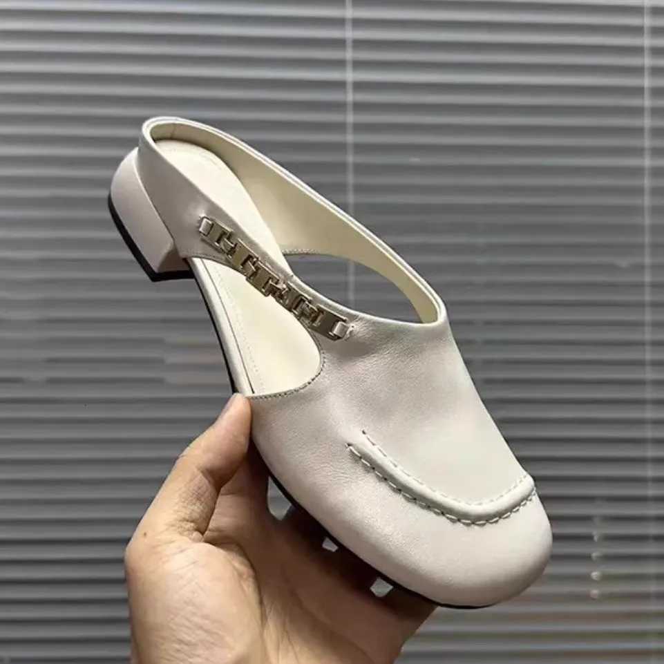 Womens Stylish Genuine Leather Mule Loafers with Metal Low Heel Slip On Flats Casual Driving Shoes K260311
