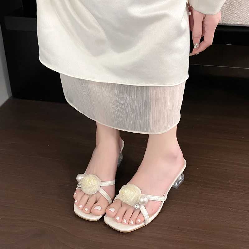 2025 Summer 5cmTransparent Square Heels Women Sandals Slides Pearl Butterfly-knot Open Toe Flip Flops Mujer K260311