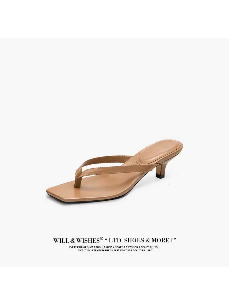 Square toe clip sandals for women 2024 summer new high heel flip-flops large size slim heel womens outdoor leather slippers K260311