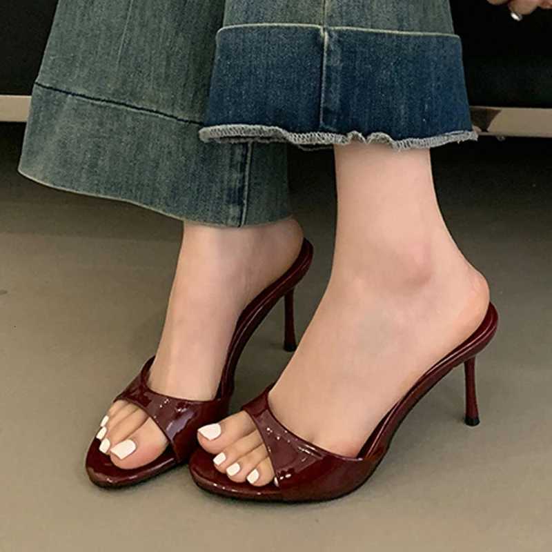 Liyke Wine Red Patent Leather Women Sandals Fashion Round Open Toe Thin High Heels Mules Slides Summer Party Dress Shoe K260311