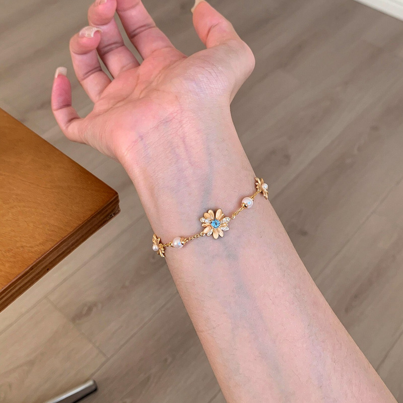 18K real gold plated sparkling diamond daisy pearl bracelet, light luxury high-end zircon stackable jewelry - view 3