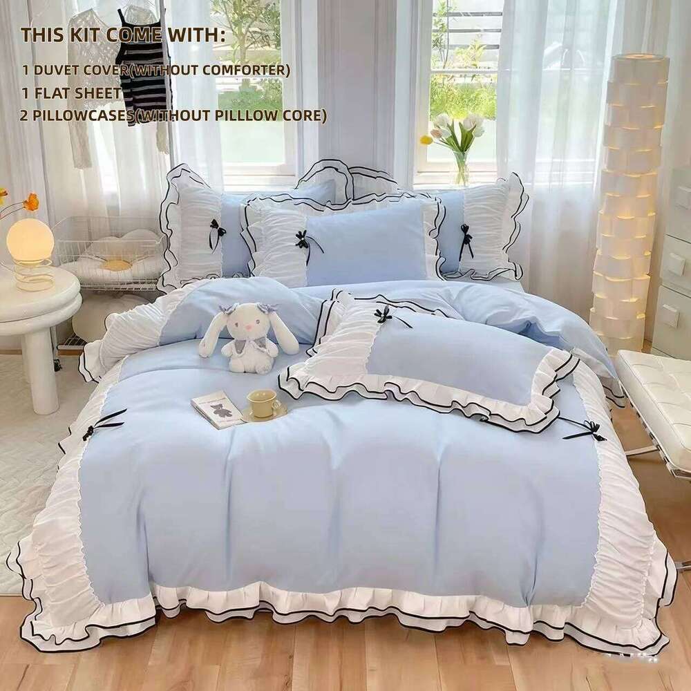 4pcs Blue Bow Duvet cover set 1*Duvet Cover + 2*Pillowcase+ 1flat sheet Bedding Set, Soft Comfortable H260311