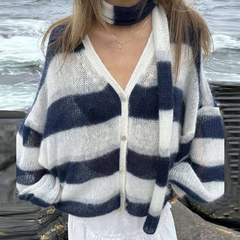 Fashion Striped Sweater Cardigan With Scarf Female Loose Thin Hollow Knitted Lantern Sleeve Contrast Color Retro Top