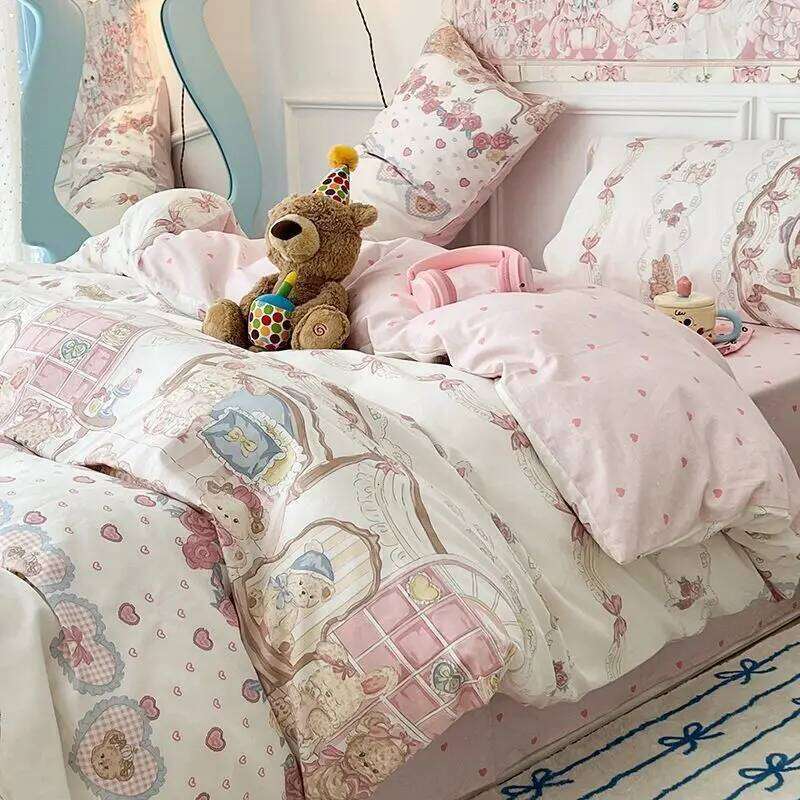 Cute Bear Bedding Set No Filler Full Queen Size Duvet Flat Sheet Pillowcase Kids Adults Fashion Soft Comforter Cover H260311