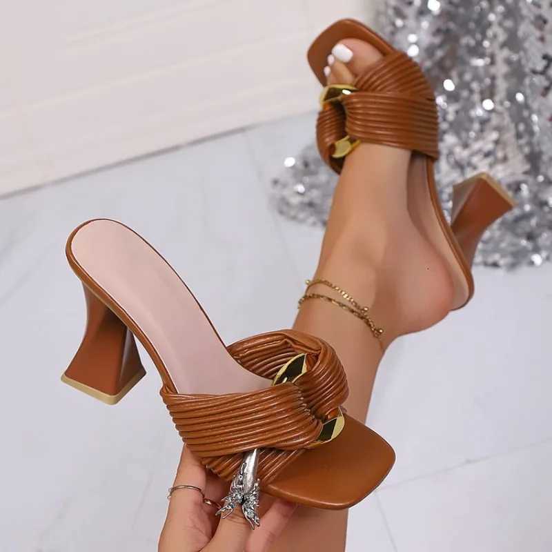 Designer Metal Decoration Slip On Sandals Square Toe Super High Heels Party Women Strange Heels Slides K260311