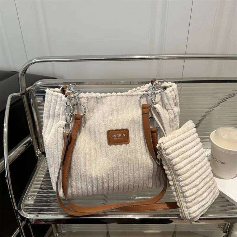 Corduroy Handbag Shoulder Casual Large Capacity Tote Bag with Mini Pouch, Versatile Underarm Bags for Daily Commute Outfits XJ260311