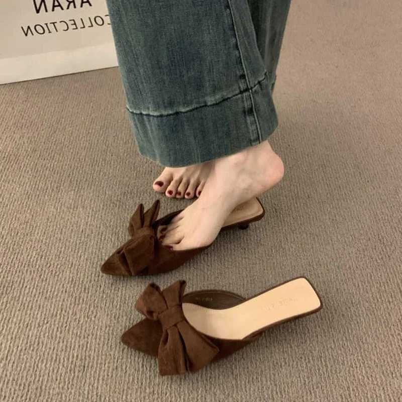 Bow - Decorated Pointed - Toe Mules Multi - Color Suede Casual Stylish K260311