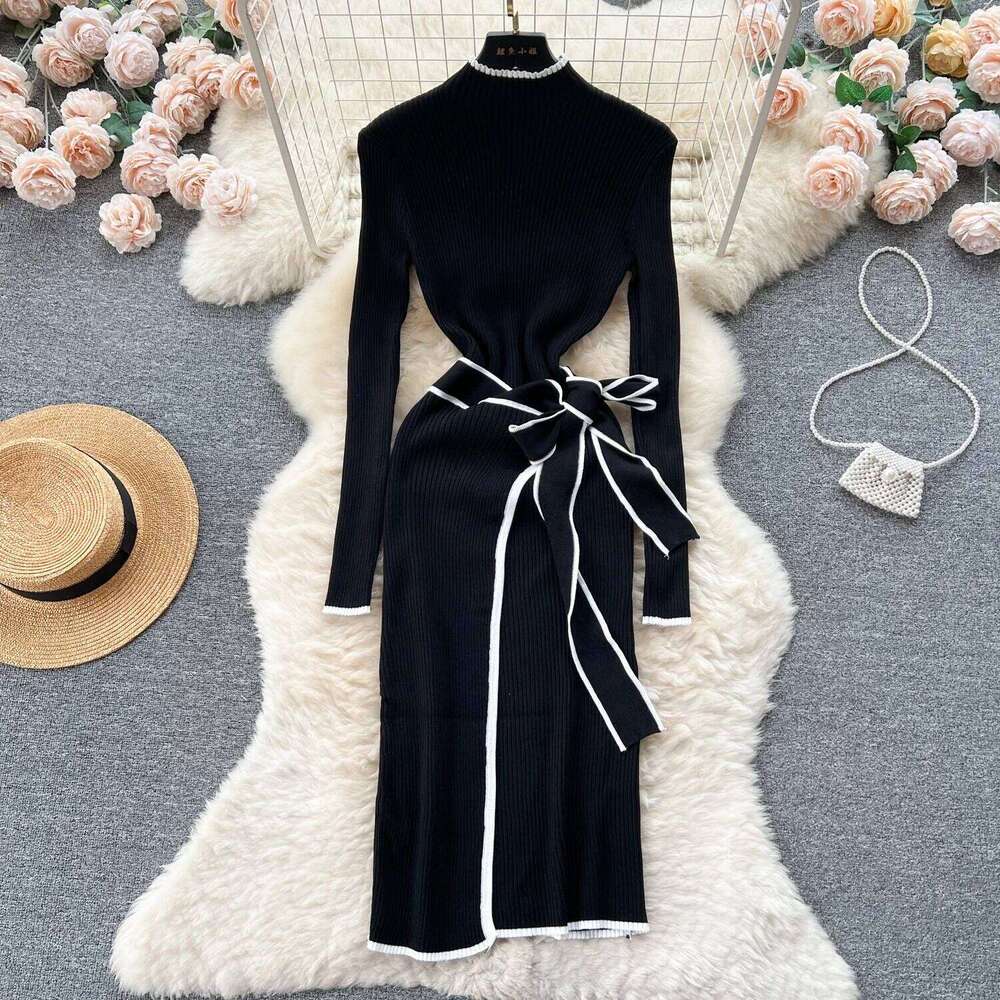 Elegant Contrast Ribbed Knitted Bodycon Long Dress Women Autumn Winter With Belt Bandage Streetwear Stretch Lady Dresses Z260311