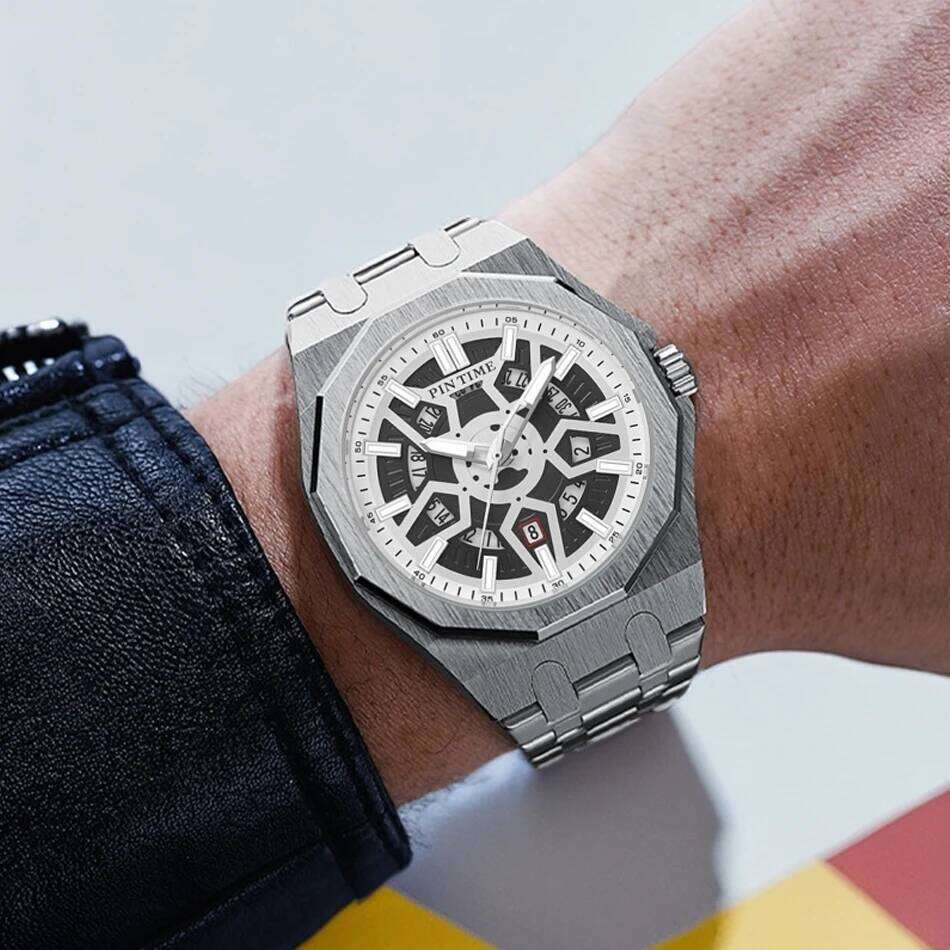 PINTIME New Alloy Skeleton Design Electric Mechanical Timepiece Luminous Date Display Men's Quartz Watch 45MM