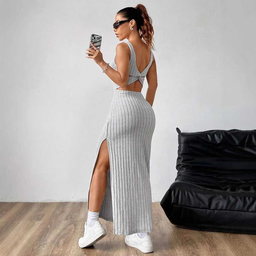 Elegant Slim Knitted Dresses Women New Sexy Hollow Out Backless Bodycon Long Dress Streetwear Fashion Casual Solid Lady Dress M260311