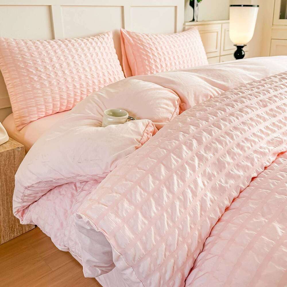 3pcs Pink seersucker Duvet 1*Duvet Cover + 2*Pillowcase, Without Core,pink Bedding Set H260311 - view 3